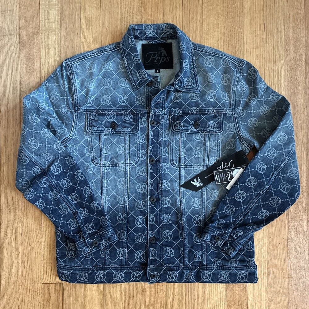 PRPS Denim Jean Jacket Monogram Logo Indigo Dye Men Size Large New